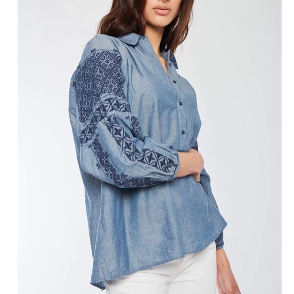 Nili Lotan Tops - NWT Nili Lotan Abby Romanian Embroidered Blue Chambray Blouse Top Medium